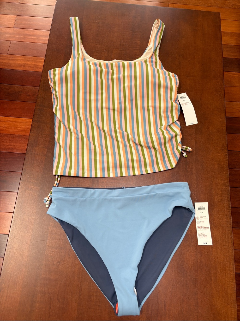 NWT Joe Fresh Striped Pastel Tankini Top with Light Blue Bikini Bottom